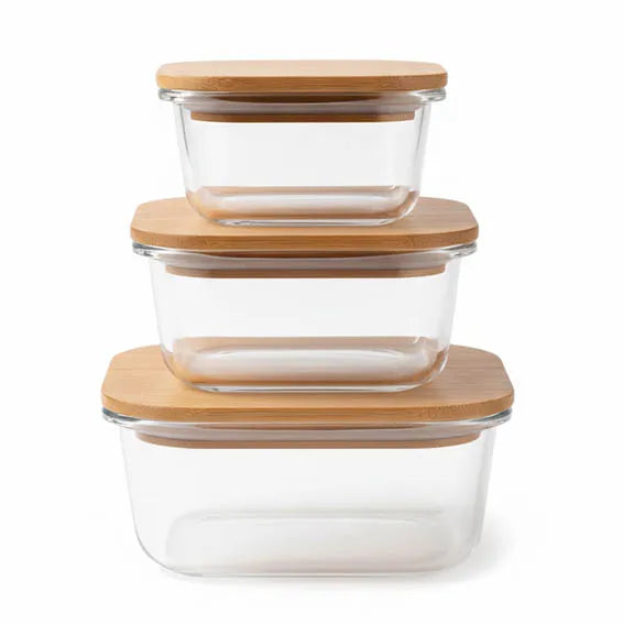 3-Pc Oven Glass container with wooden sealed lid