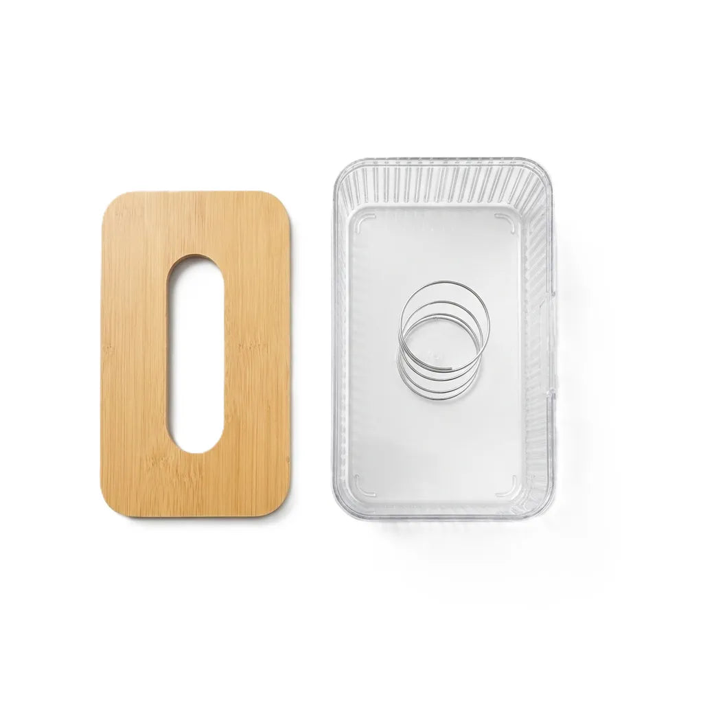 Acrylic tissue holder with wooden cover