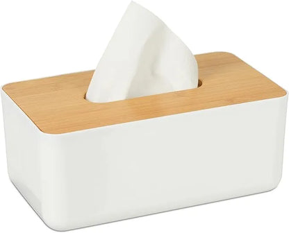 White tissue box with wooden lid