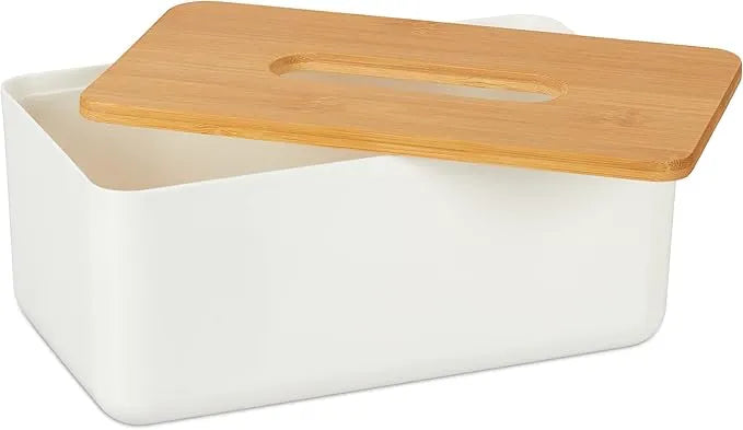 White tissue box with wooden lid