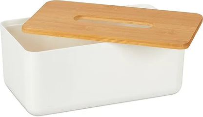 White tissue box with wooden lid