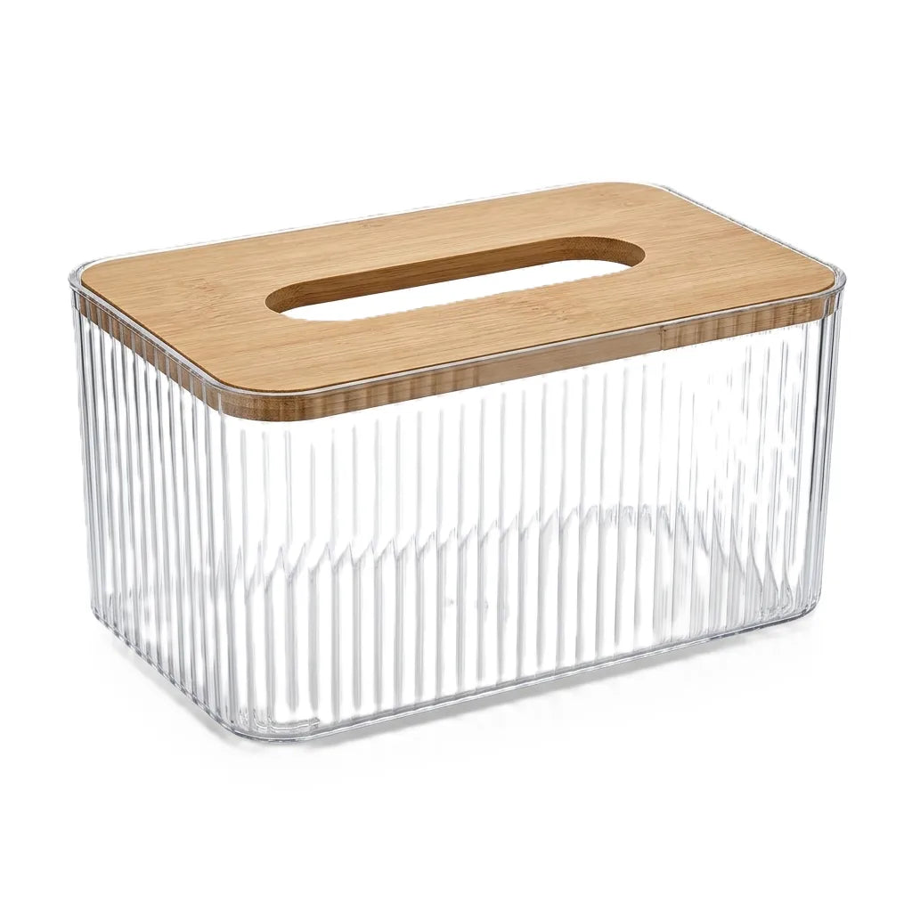 Acrylic tissue holder with wooden cover