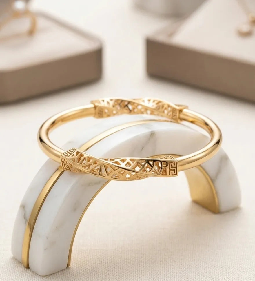 Elegant Lattice Twist Gold-Plated Stainless Steel Bangle