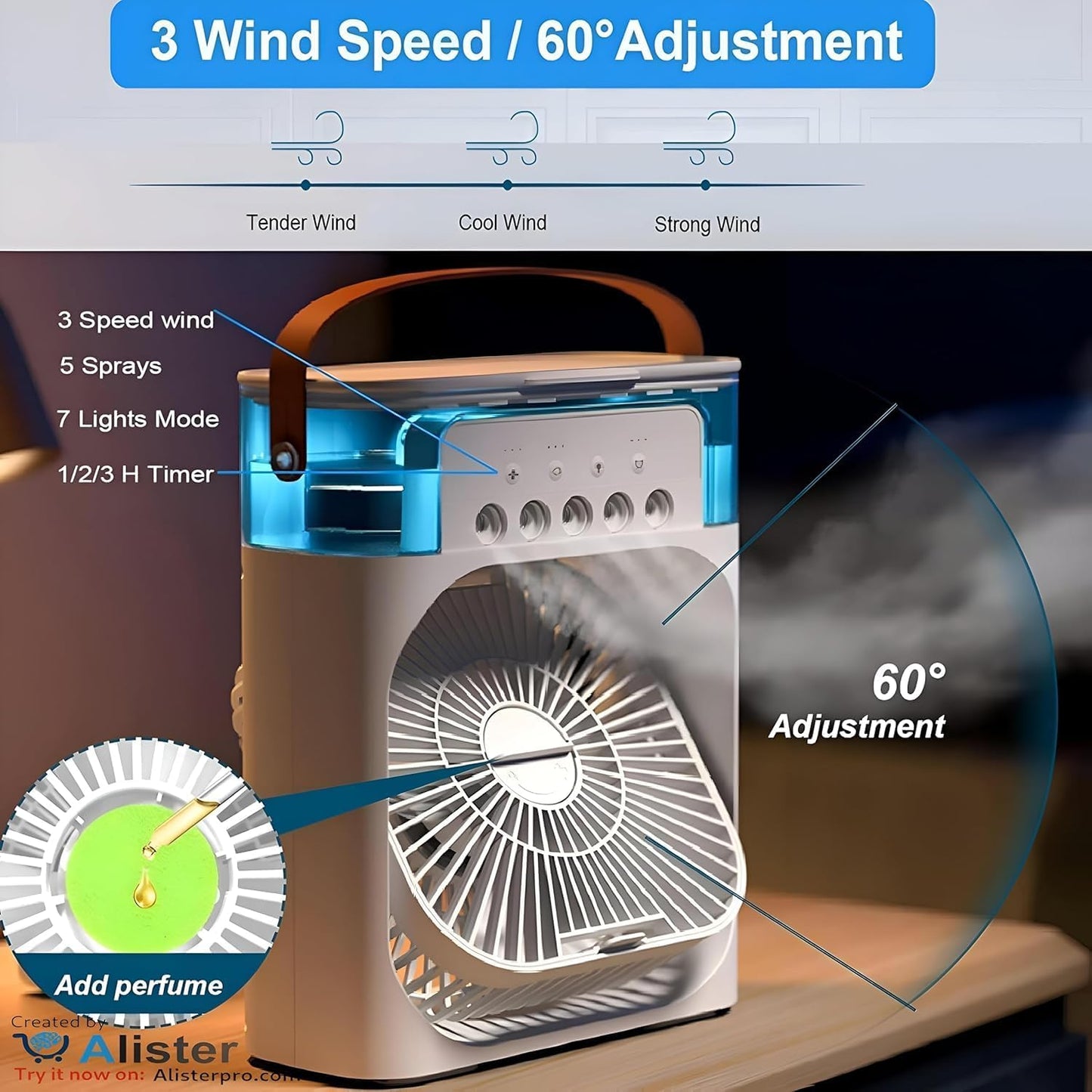 Mini Cooling Fan with Water Tank Third Gear Turbine Portable Cooling Fan USB-C