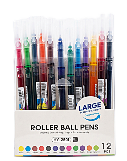 12-Piece Assorted Color Liquid Rollerball Pen Set (0.5mm)