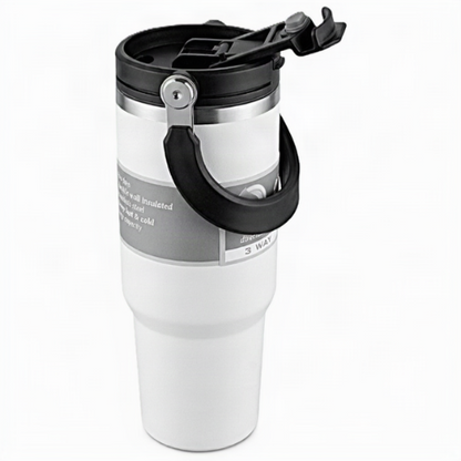 A white insulated travel tumbler with a black lid and carrying handle, featuring a gray band with product text, shown on a white background.