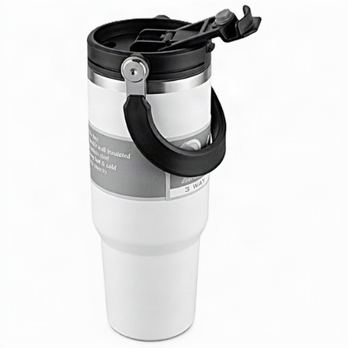 A white insulated travel tumbler with a black lid and carrying handle, featuring a gray band with product text, shown on a white background.