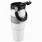 A white insulated travel tumbler with a black lid and carrying handle, featuring a gray band with product text, shown on a white background.