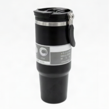 A black vacuum-insulated travel tumbler with a flip-top lid and carrying handle, shown on a plain white background.