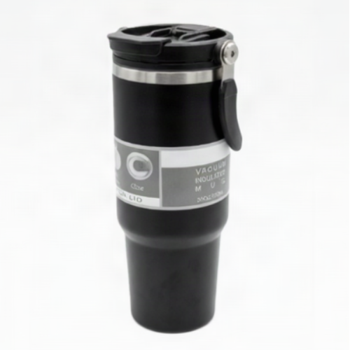 A black vacuum-insulated travel tumbler with a flip-top lid and carrying handle, shown on a plain white background.