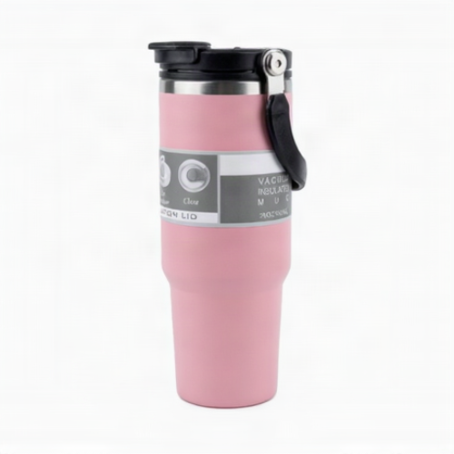 A pink vacuum-insulated travel tumbler with a black lid and carrying strap, shown on a plain white background.
