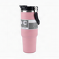 A pink vacuum-insulated travel tumbler with a black lid and carrying strap, shown on a plain white background.